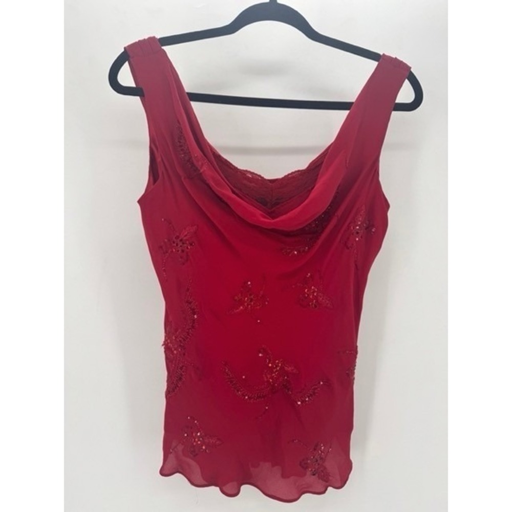 Vintage ECI New York Red 100% Silk Beaded Cowl Neck Y2K Tank Top SZ 8 Chiffon